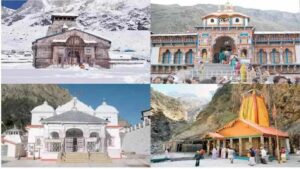 A scenic view of the Char Dham Yatra pilgrimage route in India, featuring the sacred temples of Yamunotri, Gangotri, Kedarnath, and Badrinath nestled in the majestic Himalayas. Pilgrims trekking through lush green valleys, crossing wooden bridges over glacial rivers, and seeking blessings at ancient shrines surrounded by snow-capped peaks.